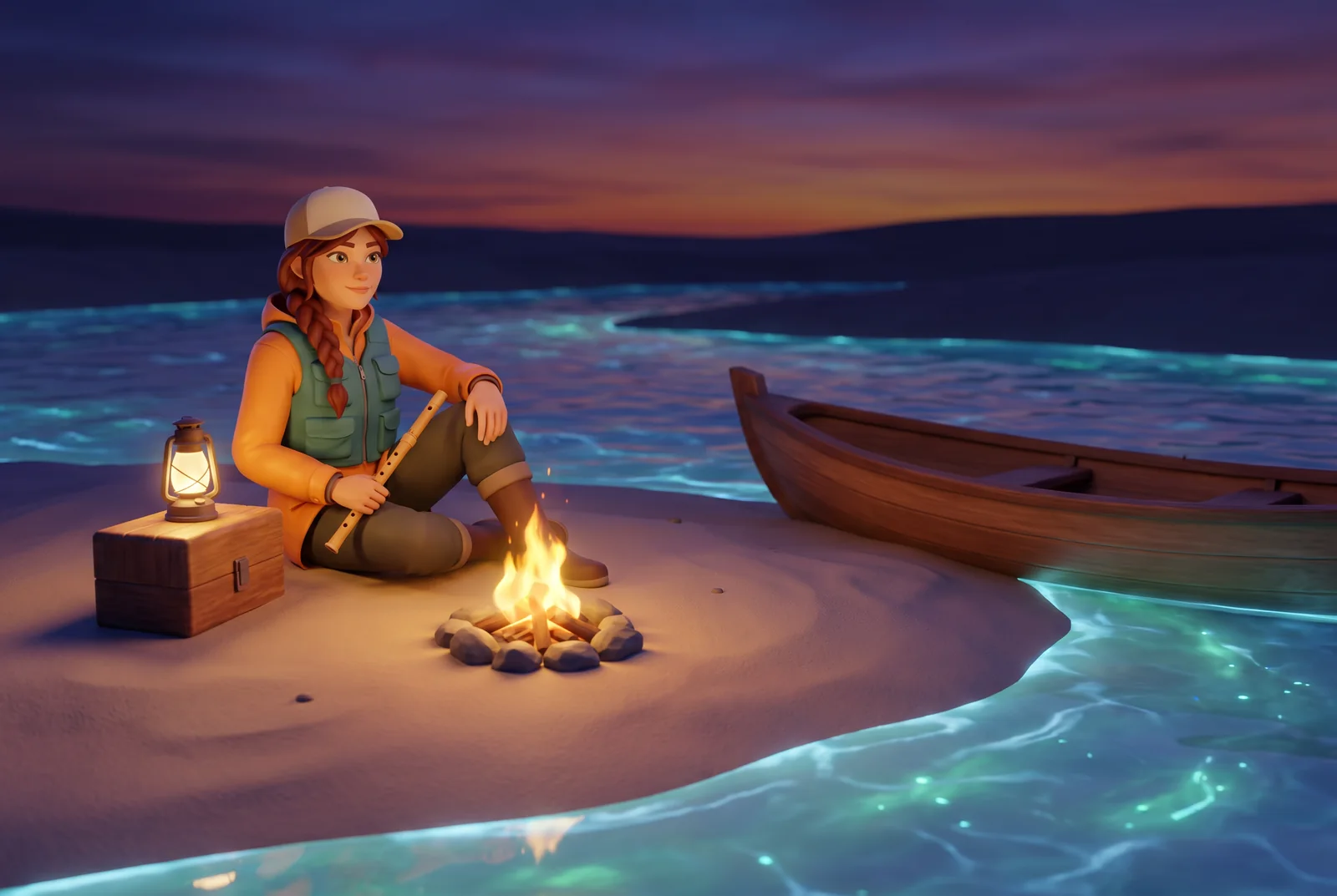 Mira’s small Delta camp beside her boat at sunset