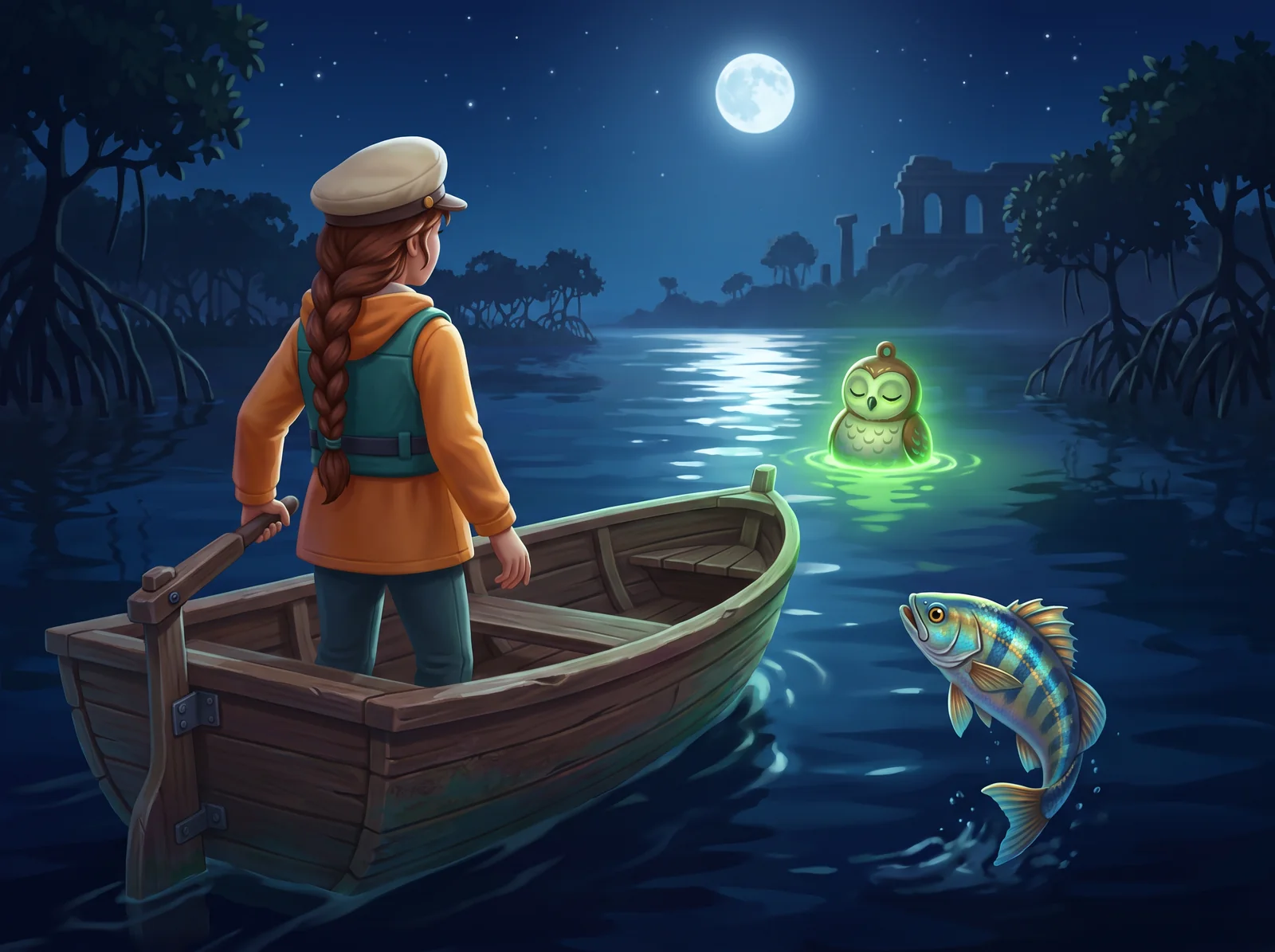 Illustrated Driftglass Delta scene for The Owl Buoy at Midnight